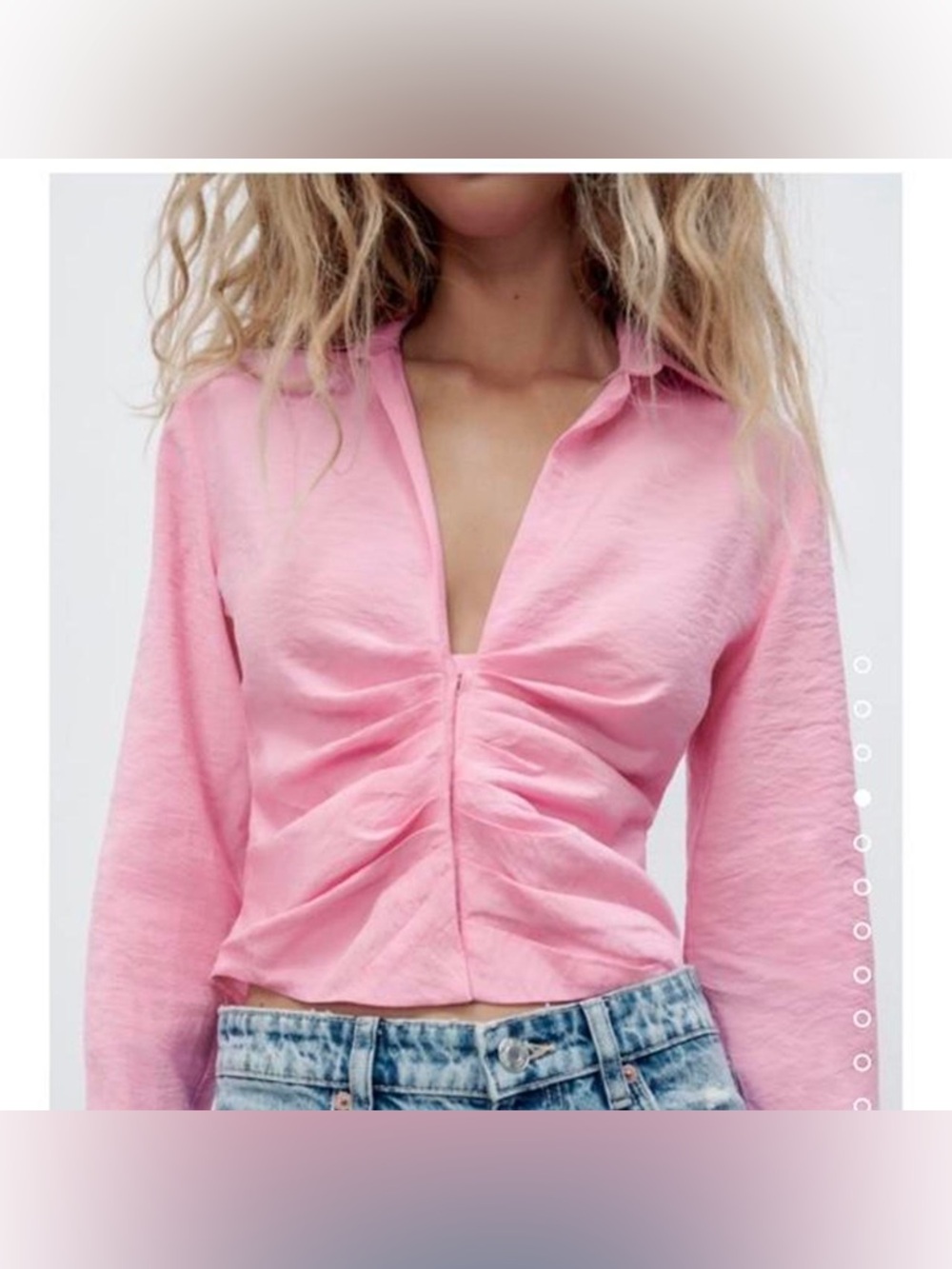 Zara Pink Ruched Button Front Blouse - Picture 2 of 4